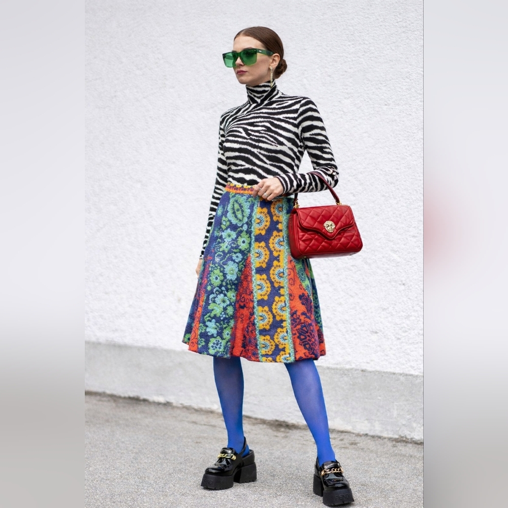 Colorful Artsy Patchwork Knit Fit and Flare Skirt Boho 6